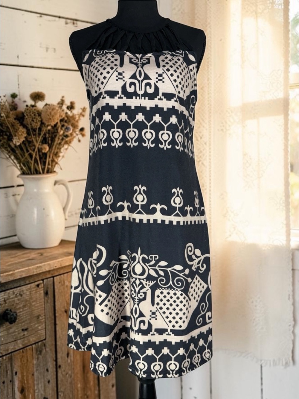 Women’s Strapless Black & Cream Patterned Sundress